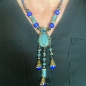 Boho Blue and Tourquois Beaded Necklace - adjustable.